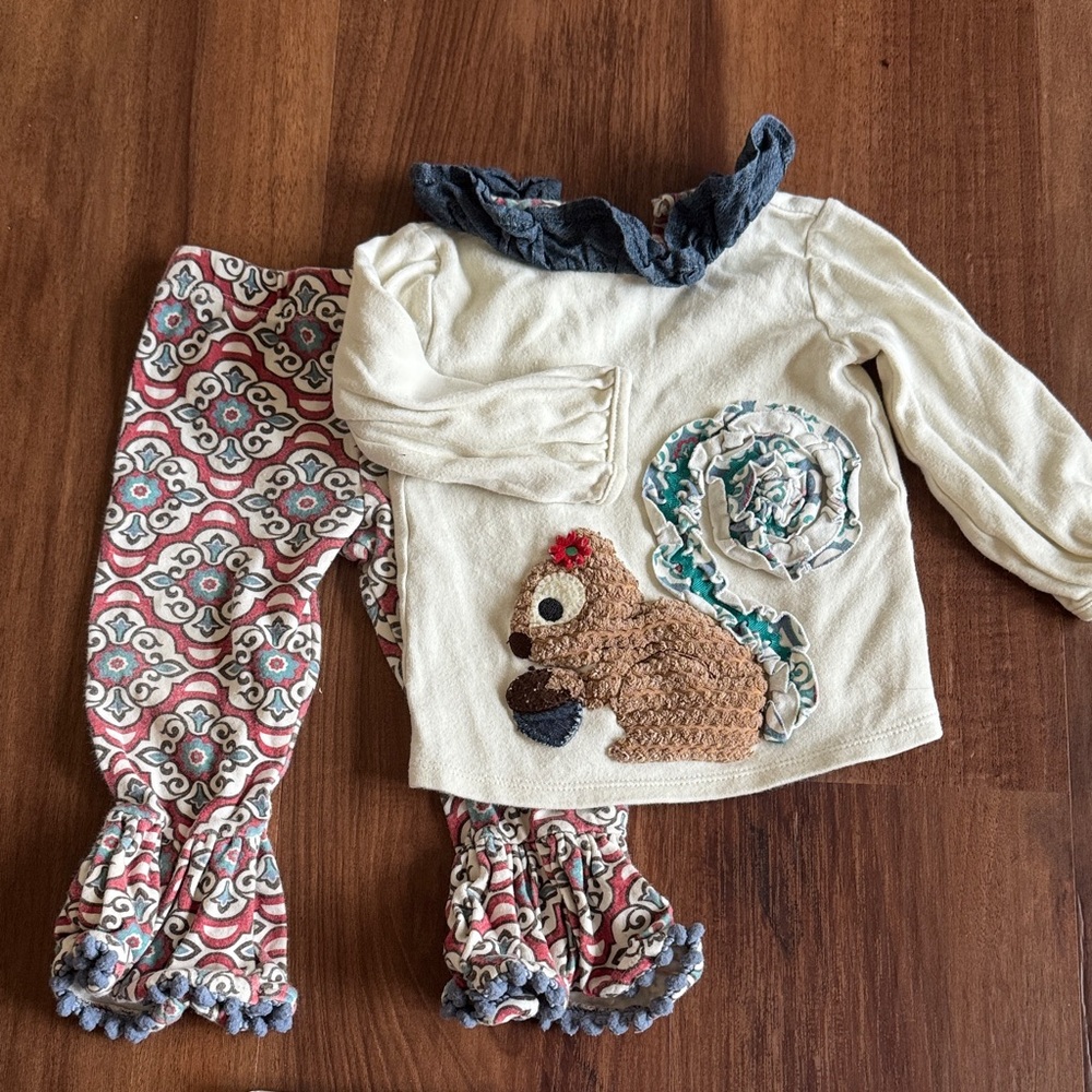 Mud Pie Cream and Blue Squirrel Kids Matching Set